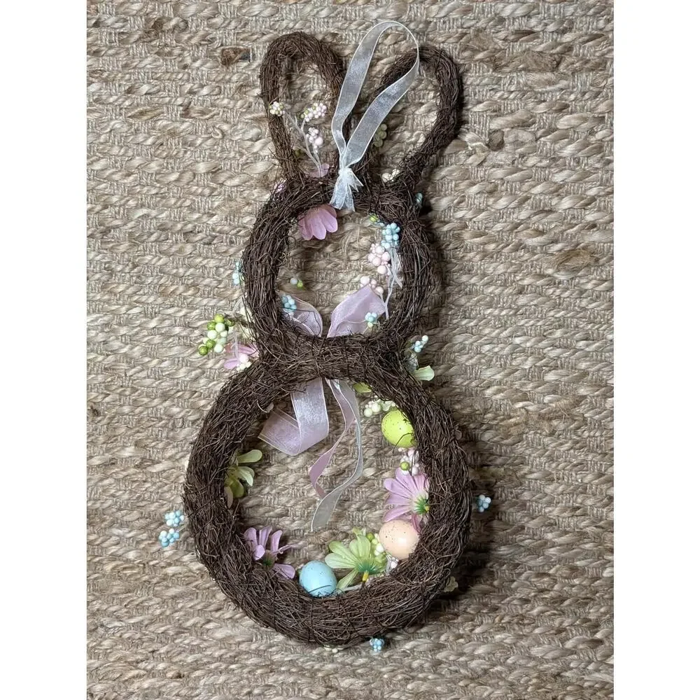 Easter Bunny Shaped Holiday Wreath with Eggs & Satin Ribbon Bow Door Decor 19